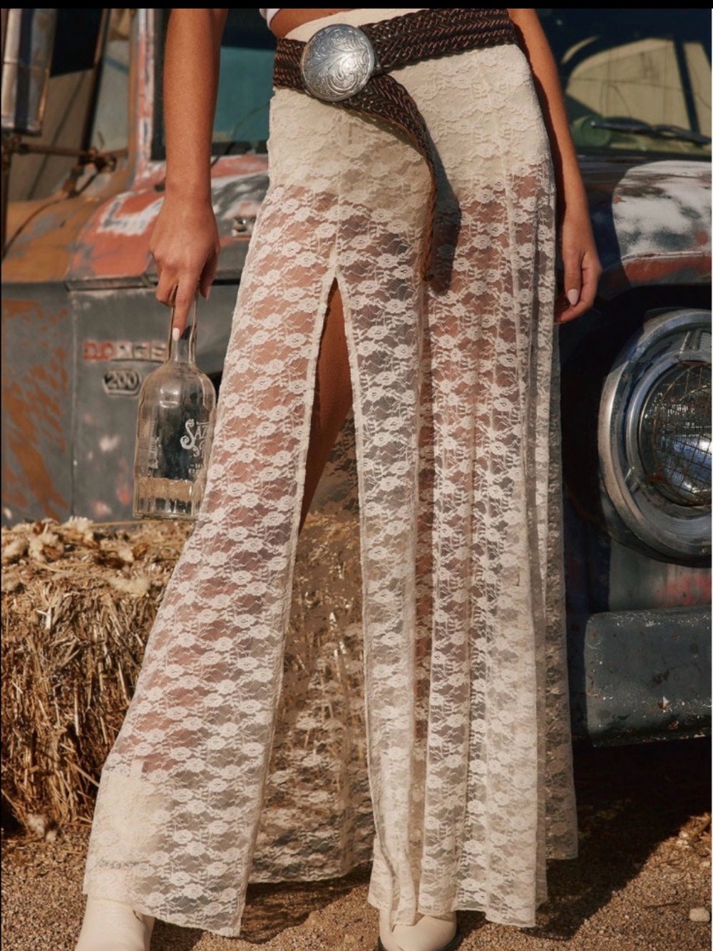 Ivory Lace Maxi Skirt with Sheer Overlay